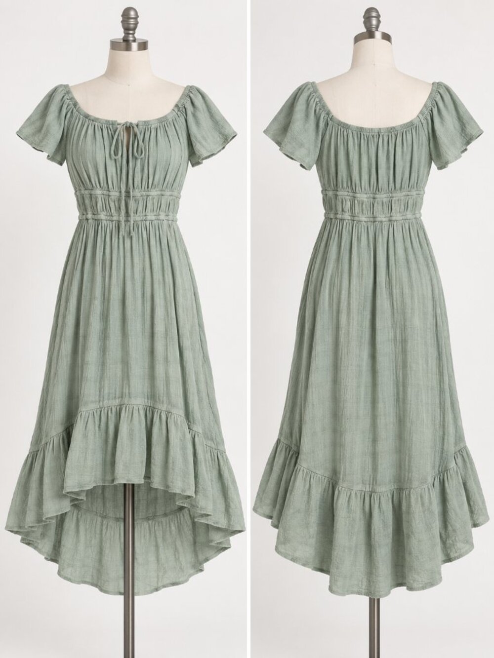 Rewind Sage Green High-Low Ruffle Midi Dress - Picture 2 of 4